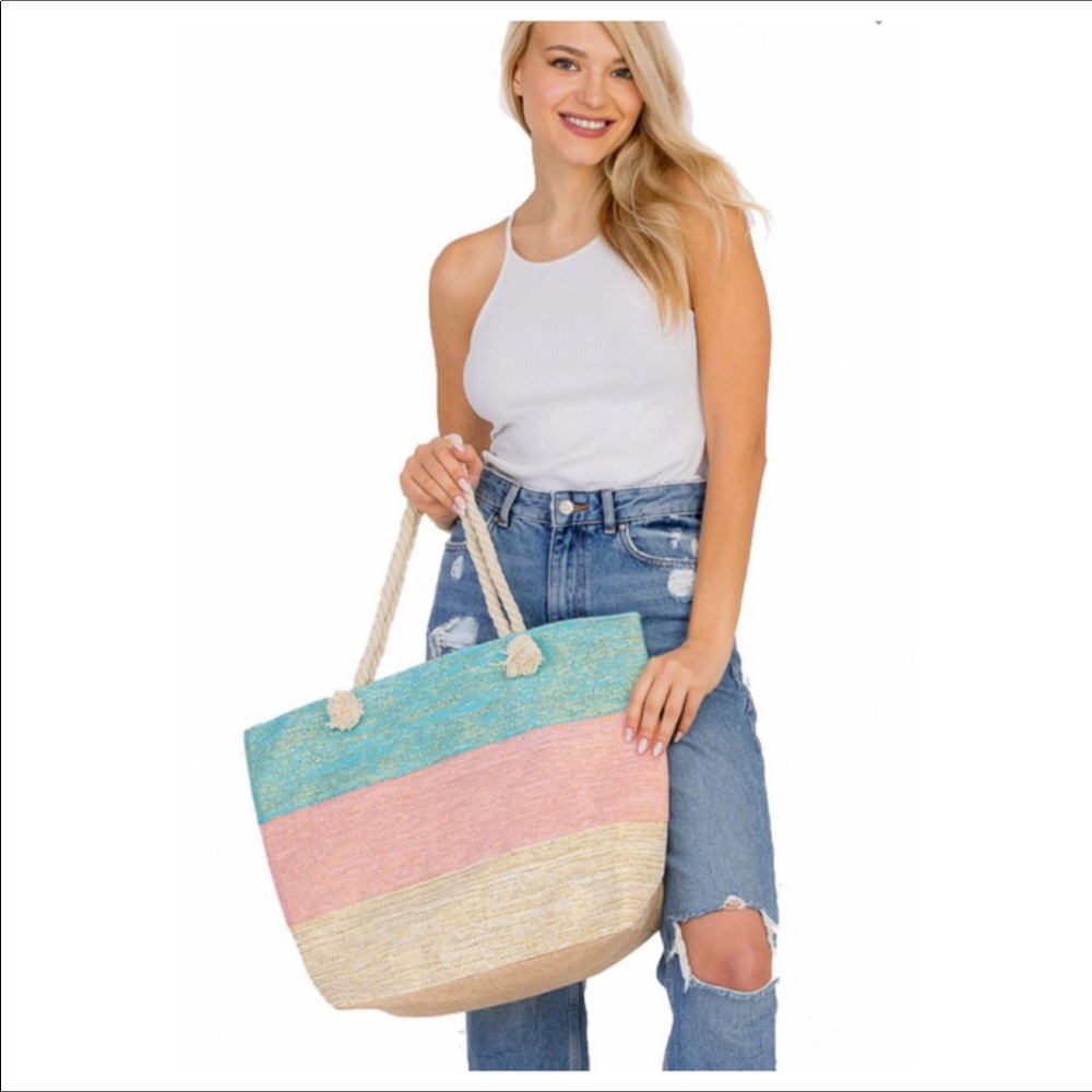 Large Burlap Tote Aqua Pink Beige Gold Rope Handle - Picture 2 of 4